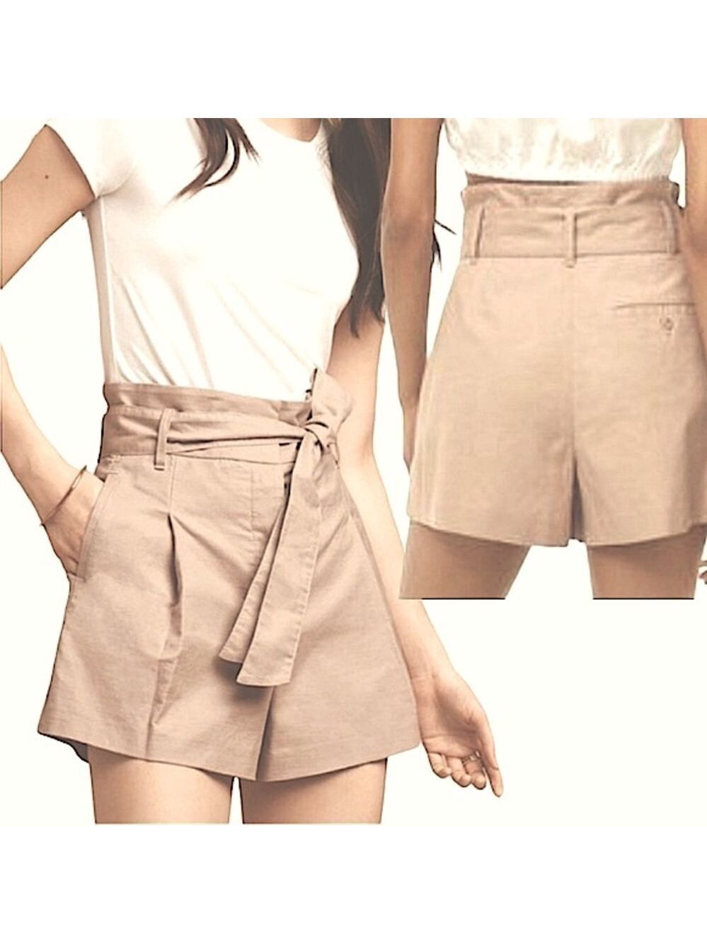 Aritzia Wilfred Pleated Short High Rise Sz 0 Tan Linen Cotton Belted Button Fly